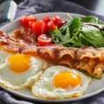 Plate with fried eggs, crispy bacon, cherry tomatoes, and leafy greens – a visual example of a typical low-carb keto or animal-based carnivore breakfast. Carnivore vs Keto: Which Low-Carb Diet Is Right for You?